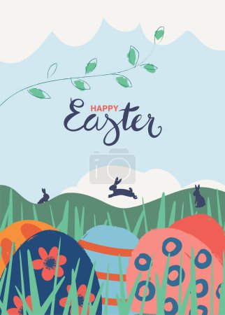 Téléchargez les photos : Jolie illustration des œufs de Pâques cachés dans l'herbe au premier plan et des lapins dans la prairie en arrière-plan. Typographie manuscrite. Fond de Pâques, affiche, carte de voeux - en image libre de droit