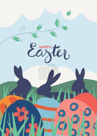 Téléchargez les photos : Jolie illustration des œufs de Pâques cachés dans l'herbe au premier plan et des lapins dans la prairie en arrière-plan. Typographie manuscrite. Fond de Pâques, affiche, carte de voeux - en image libre de droit