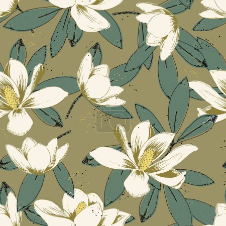 Téléchargez les photos : Motif floral sans couture dans des couleurs chaudes avec des fleurs et des feuilles magnolia blanc - en image libre de droit