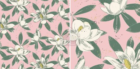 Téléchargez les photos : Modèle sans couture de withe magnolia fleurs et feuilles vertes sur fond rose en deux tailles. Couleurs personnalisables - en image libre de droit