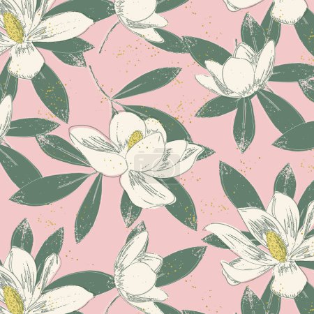 Téléchargez les photos : Modèle sans couture de withe magnolia fleurs et feuilles vertes sur fond rose - en image libre de droit