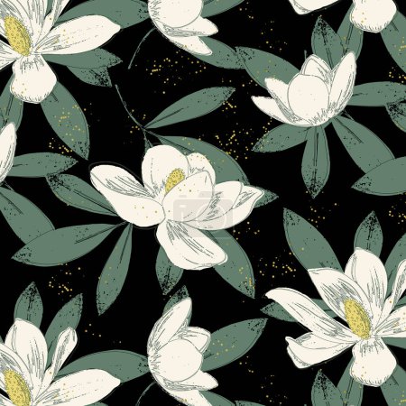 Téléchargez les photos : Modèle sans couture de withe magnolia fleurs et feuilles vertes sur fond noir - en image libre de droit