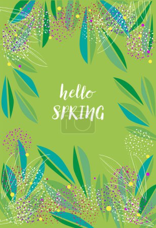 Téléchargez les photos : Fond vert avec un cadre floral et bonjour texte de printemps au milieu - en image libre de droit