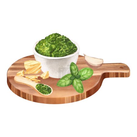 Photo for Watercolor of Italian genovese herbal pesto sauce made of blended parmesan cheese, basil leaves, garlic, black pepper and olive oil in bowl on wooden board. Illustration isolated on white background - Royalty Free Image