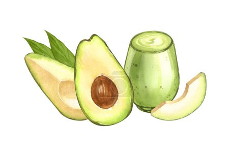 Photo for Watercolor avocado smoothie avocado in a glass jar with ingredients and ripe avocado. Hand-drawn illustration isolated on white background. Concept of healthy eating, dieting, vegan vegetarian food - Royalty Free Image