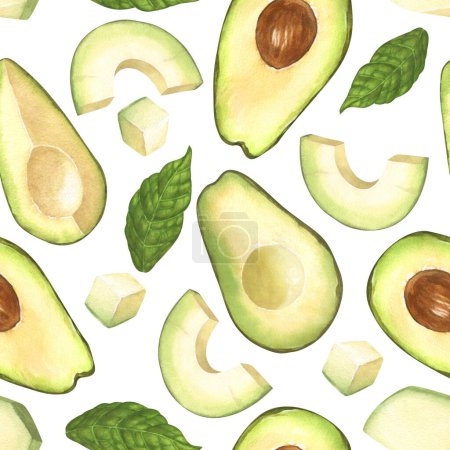Watercolor seamless pattern of fresh whole and sliced avocado. Hand-drawn illustration isolated on white background. Perfect food menu, healthy food drawing, design packing
