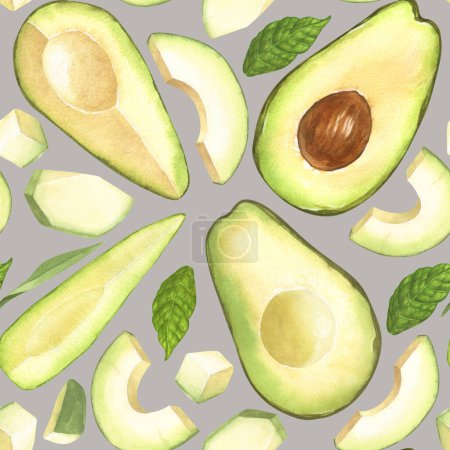 Photo for Watercolor seamless pattern of fresh whole and sliced avocado. Hand-drawn illustration isolated on grey background. Perfect food menu, healthy food drawing, design packing - Royalty Free Image