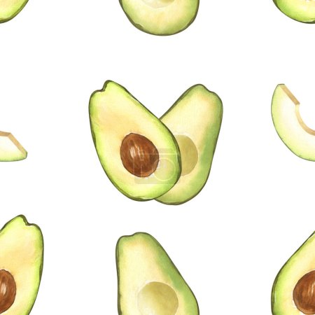 Photo for Watercolor seamless pattern of fresh whole and sliced avocado. Hand-drawn illustration isolated on white background. Perfect food menu, healthy food drawing, design packing - Royalty Free Image