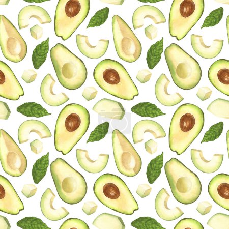 Watercolor seamless pattern of fresh whole and sliced avocado. Hand-drawn illustration isolated on white background. Perfect food menu, healthy food drawing, design packing