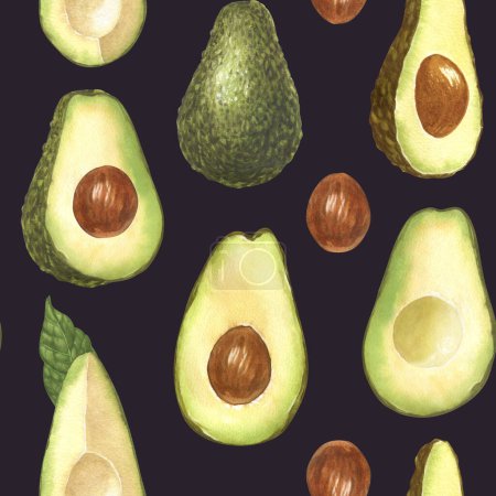 Photo for Watercolor seamless pattern of fresh whole and sliced avocado. Hand-drawn illustration isolated on black background. Perfect food menu, healthy food drawing, design packing. - Royalty Free Image