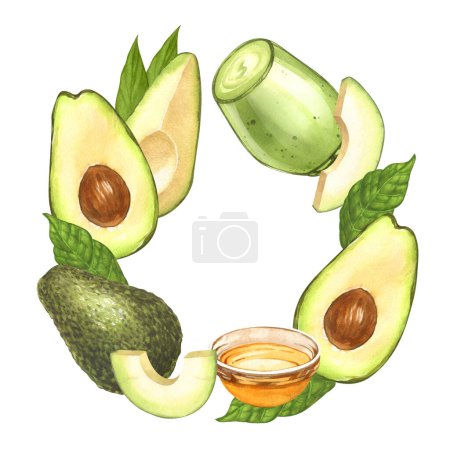 Photo for Watercolor round frame, ripe avocado and oil in glass bowl. Hand-drawn illustration isolated on white background. Perfect food menu, food drawing, design packing, healthy eating concept. - Royalty Free Image