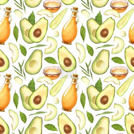 Photo for Watercolor seamless pattern of fresh whole, sliced avocado and oil bottle avocado. Hand-drawn illustration isolated on white background. Perfect food menu, healthy food drawing, design packing - Royalty Free Image