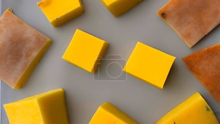 żółty i pomarańczowy ser na białym tle. widok z góry.