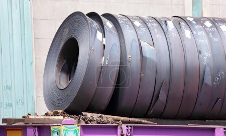 Photo for A photography of a large roll of steel on a flatbed, a close up of a large roll of steel on a flatbed. - Royalty Free Image