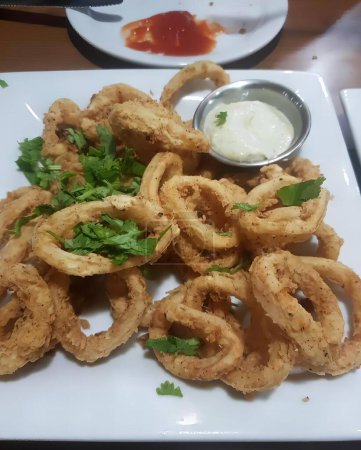 Photo for A photography of a plate of fried onion rings with a side of dip, plate of fried onion rings with dipping sauce on a table. - Royalty Free Image