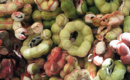 Téléchargez les photos : Une photographie d'un tas de fruits avec beaucoup de graines, fruits de confiserie est affiché dans un marché à vendre. - en image libre de droit