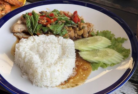 Foto de Fotografía de un plato de comida con arroz, verduras y carne, plato de comida con arroz, verduras y carne sobre una mesa. - Imagen libre de derechos
