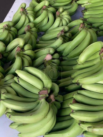 Photo for A photography of a bunch of green bananas sitting on top of a table. - Royalty Free Image