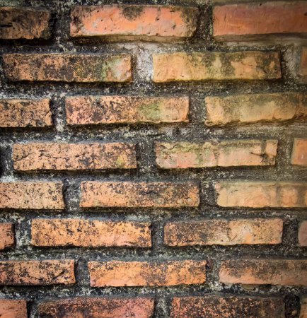 Foto de Una fotografía de una pared de ladrillo con una pequeña cantidad de suciedad en ella, pared de piedra con un patrón de ladrillo en el medio de ella. - Imagen libre de derechos