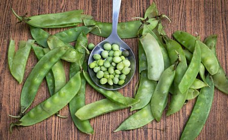 Photo for A photography of a spoon full of peas and a bunch of peas, ladle of peas and peas on a wooden table with a spoon. - Royalty Free Image