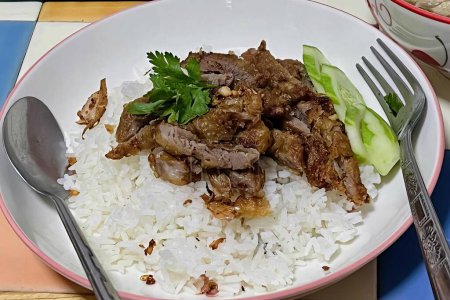 Foto de Una fotografía de un plato de arroz con carne y verduras, plato de comida con carne y arroz sobre una mesa con un tenedor. - Imagen libre de derechos