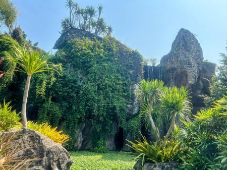 eine Fotografie eines üppig grünen Dschungels mit einem Wasserfall im Hintergrund.