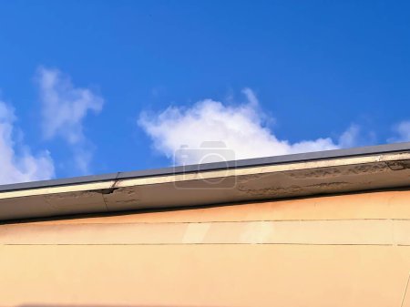 una fotografía de un pájaro volando sobre un techo con un cielo azul en el fondo.
