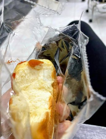 a photography of a person holding a sandwich wrapped in plastic.