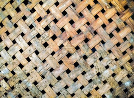 a photography of a woven basket with a black square pattern.