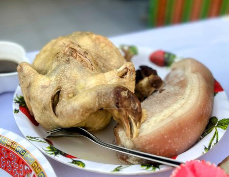 una fotografía de un plato de comida con un pollo en ella.