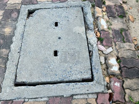 a photography of a manhole cover on a cobblestone sidewalk.