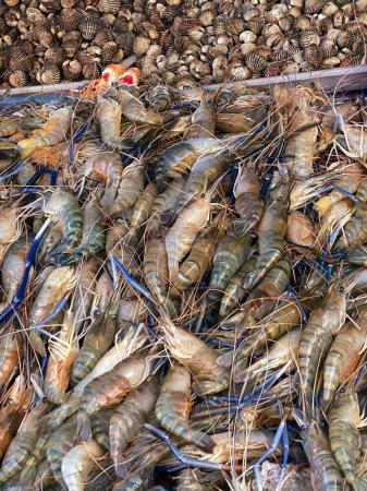 a photography of a pile of shrimps and other food on a table.