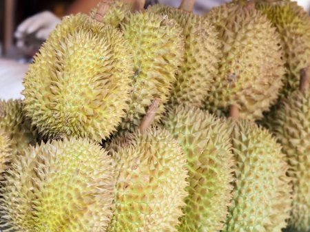 una fotografía de una pila de fruta duriana sentada sobre una mesa.