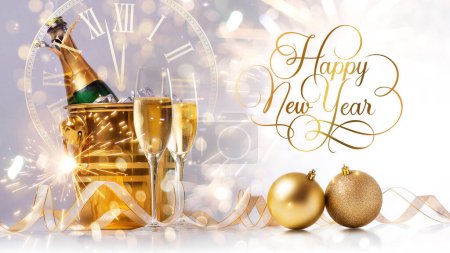 Foto de Feliz Año Nuevo. Dos copas de champán y una botella de champán en un cubo de oro con hielo en el fondo de bokeh y bengalas - Imagen libre de derechos