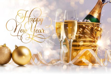 Foto de Feliz Año Nuevo. Dos copas de champán y una botella de champán en un cubo de oro con hielo en el fondo de bokeh y bengalas - Imagen libre de derechos