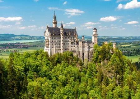 Téléchargez les photos : Château de Neuschwanstein en Bavière, Allemagne. Vue sur le château et la vallée en été - en image libre de droit