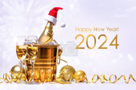 Foto de Una botella de champán con una gorra roja de Santa Claus en un cubo dorado con hielo y dos copas sobre un fondo blanco. - Imagen libre de derechos