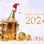 A bottle of champagne with a red santa claus cap in a golden bucket with ice and two glasses on a white background.