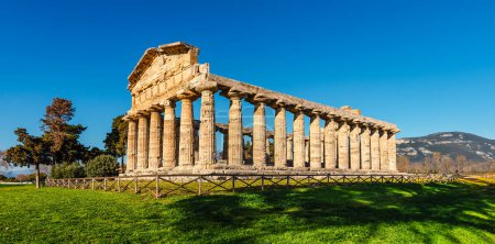 Foto de Las ruinas de la antigua ciudad de Paestum. Columnas y escalones de un antiguo templo griego - Imagen libre de derechos