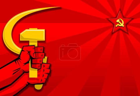 Revolutionsplakat im Retro-Stil. Goldene Sichel und Hammer in den Händen, Sowjetstern auf rotem Hintergrund. Vektor