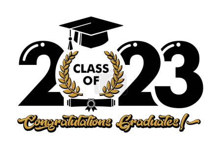 Illustration for 2023 class graduate header. The concept of decorate congratulation with  laurel wreath for school graduates. Design for t-shirt, flyer, invitation, greeting card. Illustration, vector - Royalty Free Image