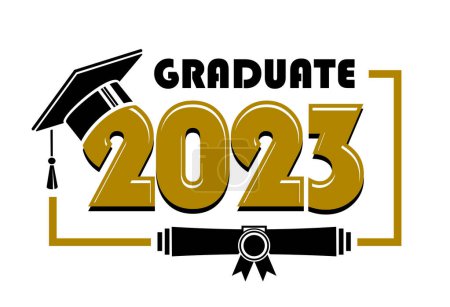 Illustration for 2023 class graduate - mission complete. The concept of decorate congratulation for school graduates. Design for t-shirt, flyer, invitation, greeting card. Illustration, vector - Royalty Free Image