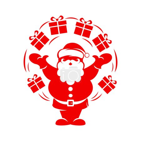 Santa Claus silhouette juggles gifts. Vector icon on transparent background