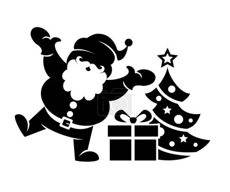 Illustration for Santa Claus is dancing near Christmas tree with gifts. Vector icon isolated on transparent background - Royalty Free Image
