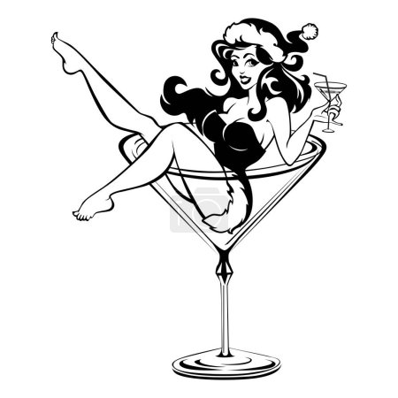Beauty santa girl sitting in high cocktail glass and holding glass in his hand. Pin Up cartoon vector on transparent background