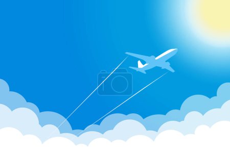 Illustration for White plane in blue sky flies above clouds towards hot sun. Vector background - Royalty Free Image
