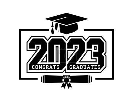 2023 Klasse gratuliert Absolventen. Das Konzept, Gratulationen für Schulabsolventen zu schmücken. Design für T-Shirt, Flyer, Einladung, Grußkarte. Abbildung, Vektor