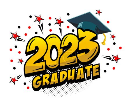 Illustration for 2023 class graduate header. Decorate congratulation for school graduates in comic cartoon style. Vector on transparent background - Royalty Free Image