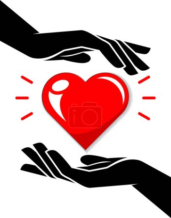 Hands of couple in love hold red heart one for two. Vector template on a transparent background for a greeting card, print, invitation, web page