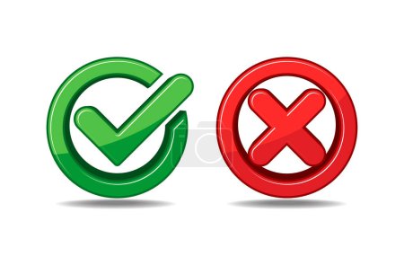 Illustration for Tick and cross 3D signs. Yes and No, consent and protest, like and dislike. Green checkmark and red X icons on transparent background. - Royalty Free Image